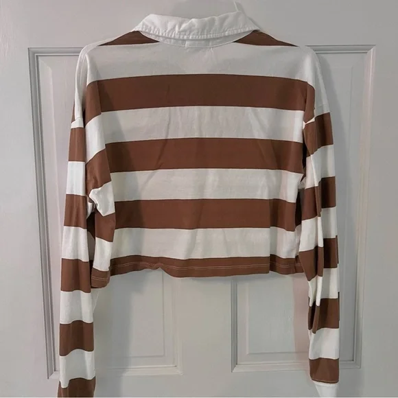 Brown Striped Polo Collar Long Sleeve Cropped Casual Tee - Picture 2 of 7